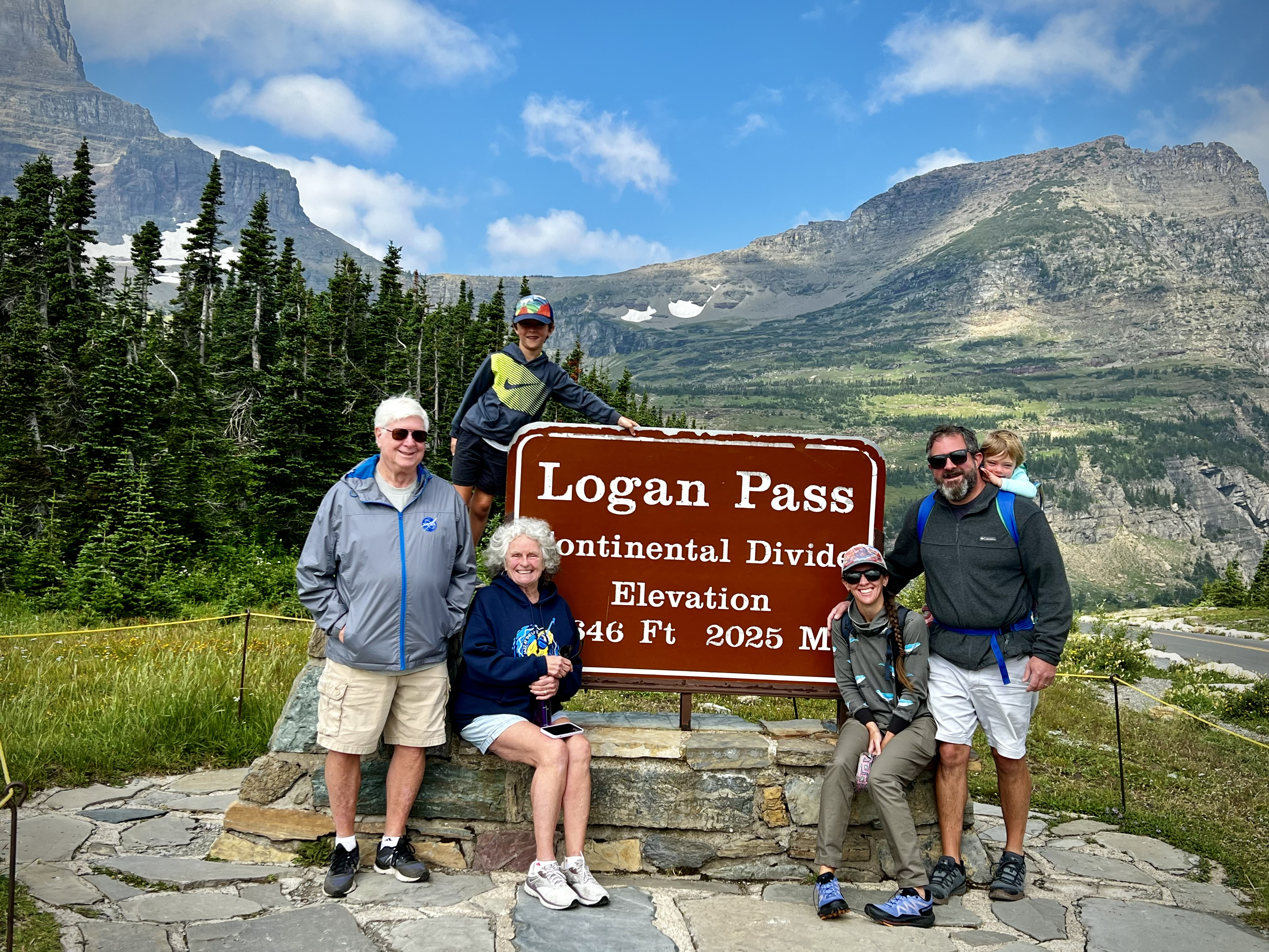 Dennis & Maureen Jackson, son Brian & DOL Krista, and grandkids Theo and Quinn in Glacier N.P. August 2024